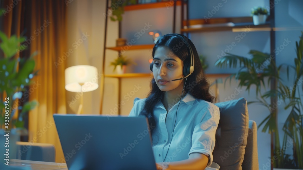 A focused woman with dark hair and headphones, working on a laptop in a cozy home office setup, surrounded by plants, illustrating remote work and concentration.