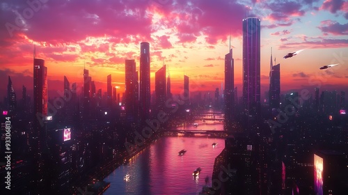 Futuristic Cityscape at Sunset with River and Flying Cars