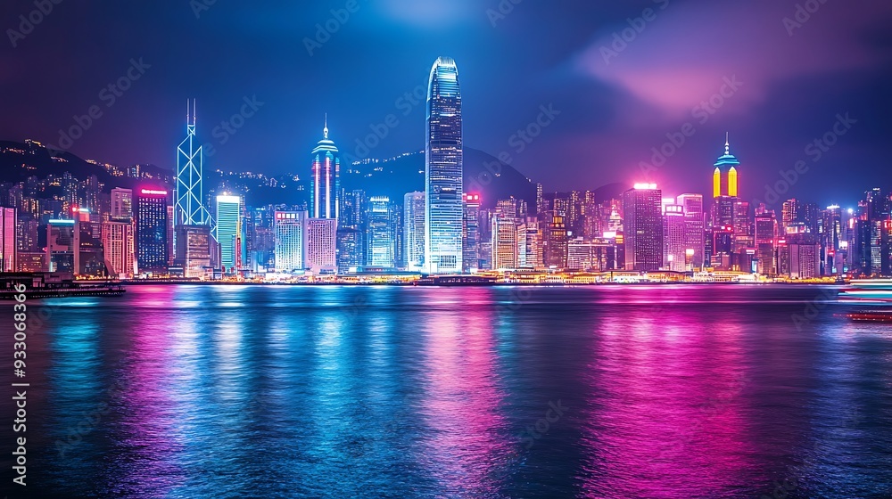 Hong Kong Skyline at Night with Neon Lights Reflecting in the Water Hong Kong Skyline at Night with Neon Lights Reflecting in the Water