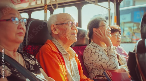 Elderly passengers on a bus share a peaceful, reflective moment as sunlight filters through the windows, casting a warm glow over the scene.