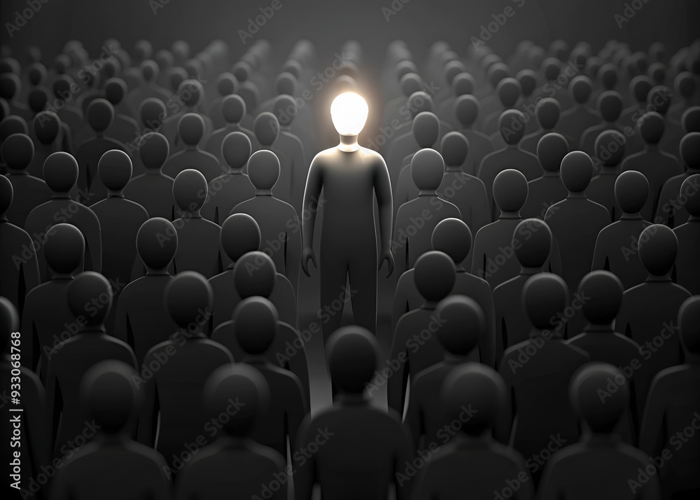 Fototapeta premium One man glowing among other people in dark condition, Leadership concept people standing in line