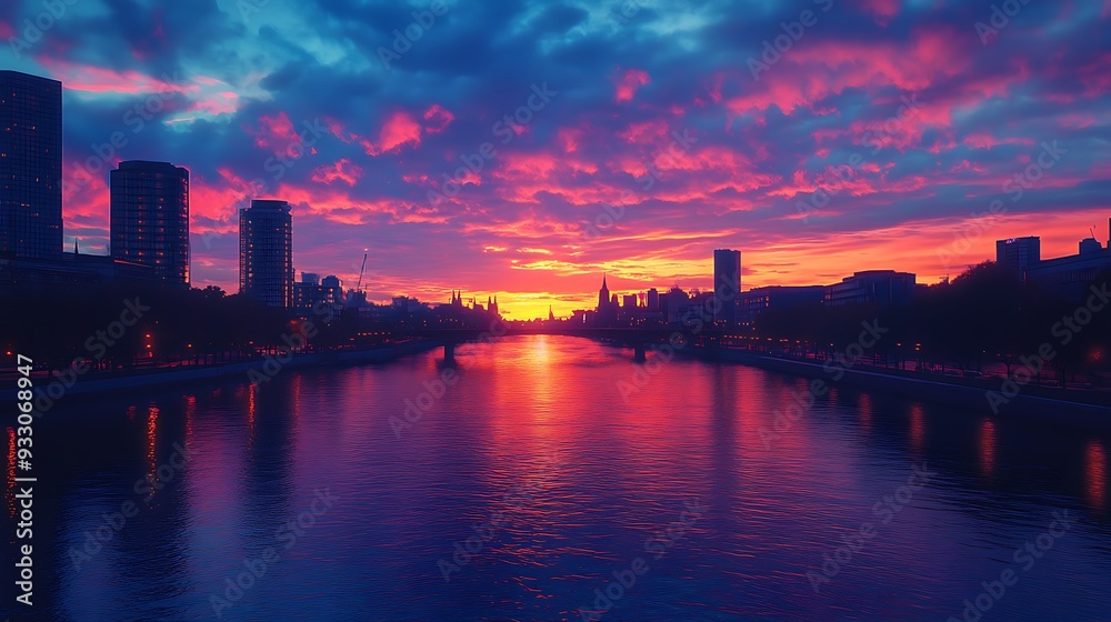 Cityscape Silhouette at Sunset with River Reflection Cityscape Silhouette at Sunset with River Reflection