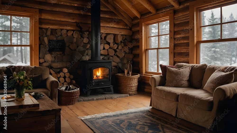 A cozy and rustic cabin interior, complete with a crackling fireplace and warm, earthy tones. A cozy and rustic cabin interior, complete with a crackling fireplace and warm, earthy tones.