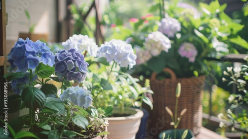 Vibrant hydrangea blooms in various colors adorning a rustic balcony, creating a lush, inviting outdoor space filled with natural beauty.