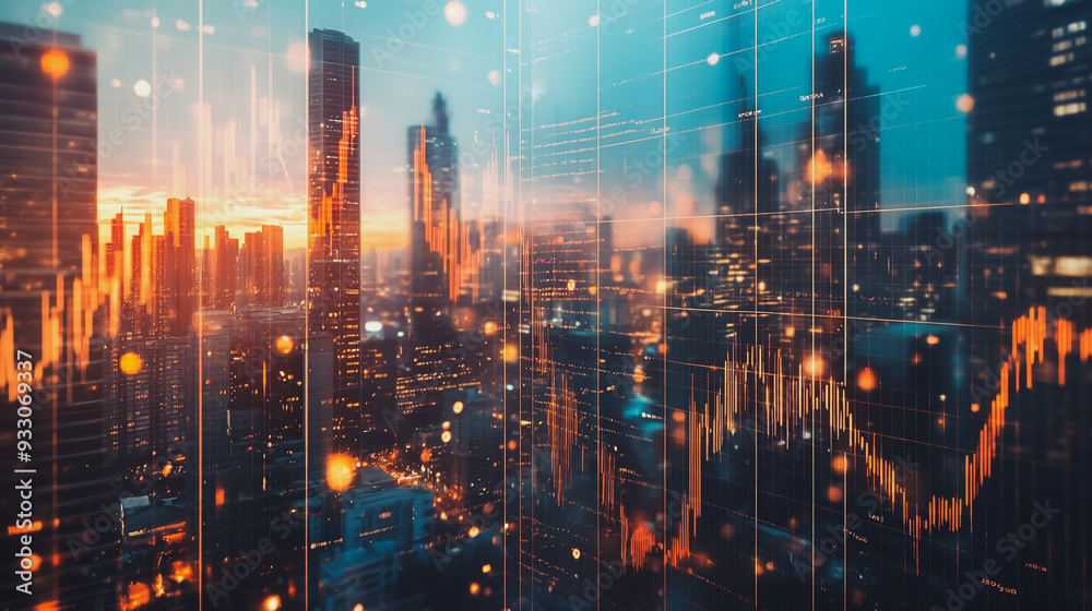 Fototapeta premium Abstract business team stands on the peak of success amid tall, innovative Smart city and graphs with statistics to analyze business potential and predict future developments in company growth.