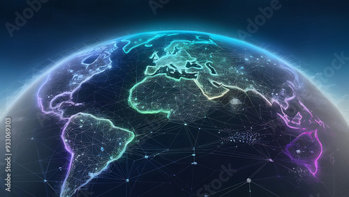 A futuristic, intricate illustration of a global network, depicted as a sprawling, three-dimensional web of interconnected nodes and lines, set against a dark blue, starry night sky, with subtle, grad