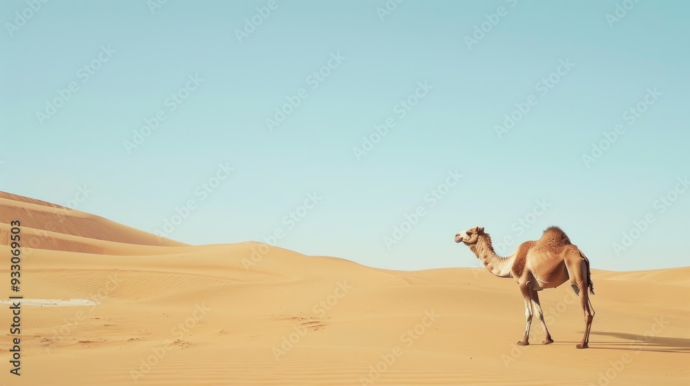 A camel stands alone amidst the endless, sunlit dunes of an expansive desert, under the clear blue sky, depicting the vastness and beauty of nature. A camel stands alone amidst the endless, sunlit dunes of an expansive desert, under the clear blue sky, depicting the vastness and beauty of nature.