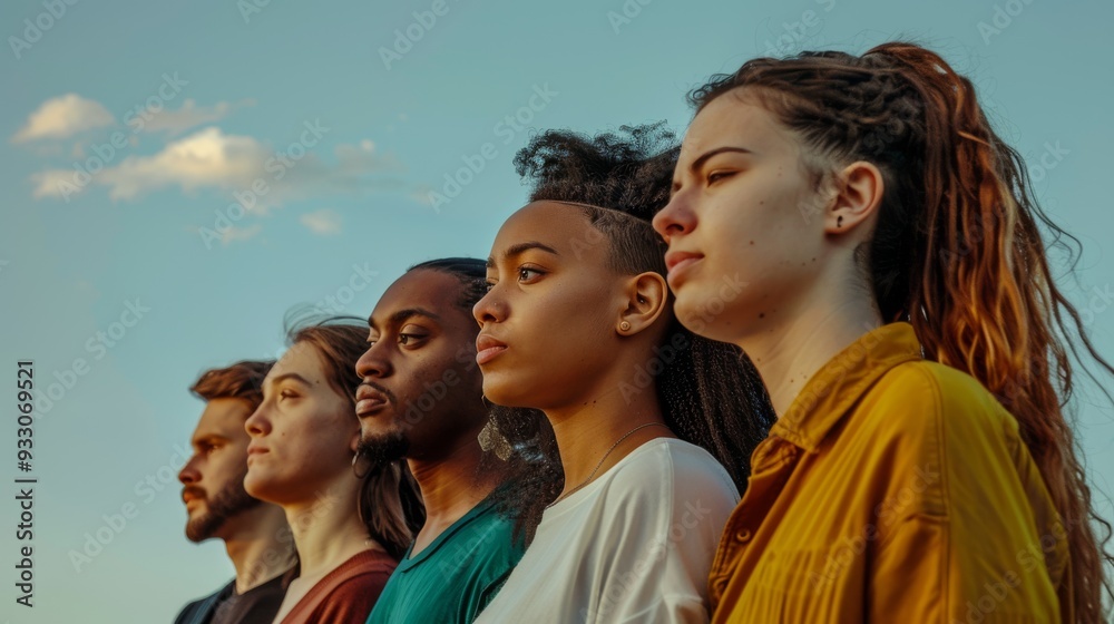 An inspiring shot of a diverse group of young adults gazing determinedly into the distance under a vivid blue sky. An inspiring shot of a diverse group of young adults gazing determinedly into the distance under a vivid blue sky.