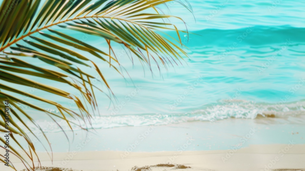 A close-up of palm leaves swaying gently in the breeze, with a turquoise ocean serving as a stunning backdrop. A close-up of palm leaves swaying gently in the breeze, with a turquoise ocean serving as a stunning backdrop.