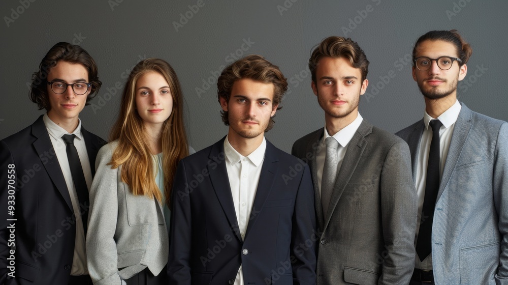 Five young adults, dressed in formal attire, pose confidently together against a soft neutral backdrop, exuding professionalism and style Five young adults, dressed in formal attire, pose confidently together against a soft neutral backdrop, exuding professionalism and style