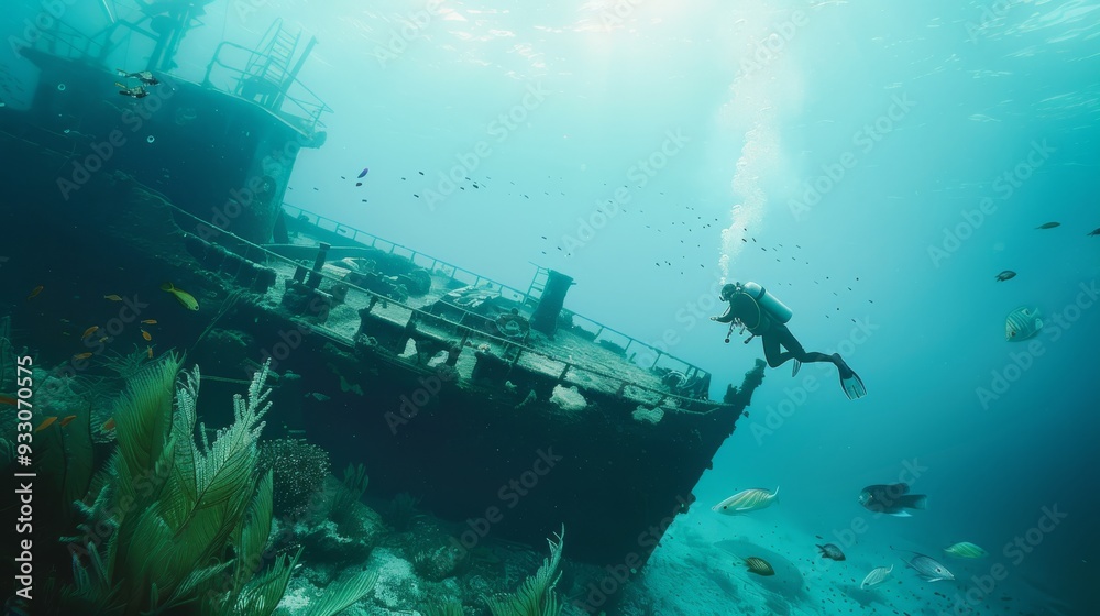 A scuba diver explores a sunken shipwreck surrounded by vibrant marine life, coral reefs, and crystal-clear turquoise water, creating an underwater adventure scene.