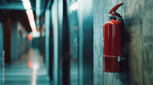 Wallpaper Mural A red fire extinguisher mounted on a wall in a modern, well-lit hallway, emphasizing safety and preparedness in a sleek, contemporary setting. Torontodigital.ca