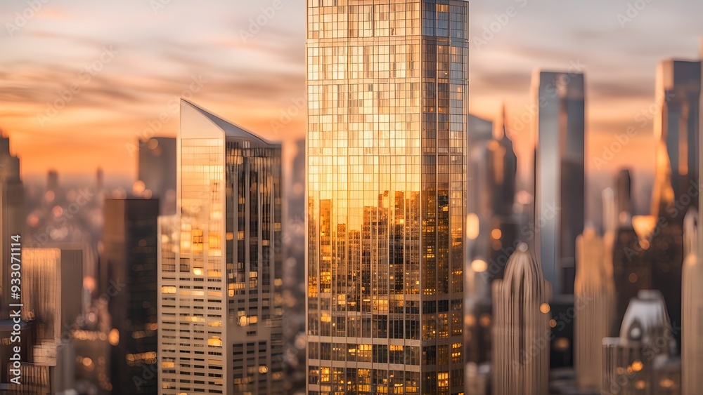 Fototapeta premium A city skyline with a tall building in the middle