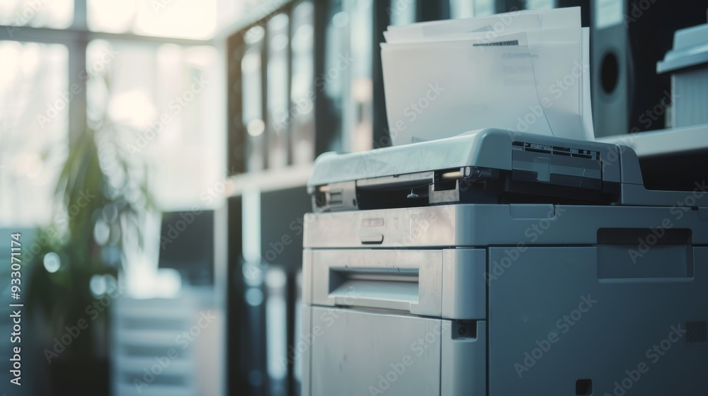 A modern office copy machine, set against a backdrop of blurred office furniture and bright windows.