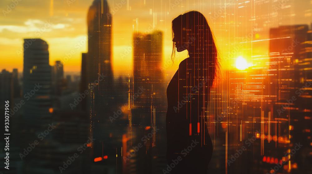 Obraz premium Abstract business woman stands on the peak of success amid tall, innovative Smart city and graphs with statistics to analyze business potential and predict future developments in company growth.