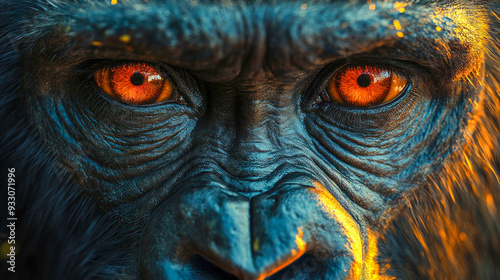 Intense close-up of a Western Lowland Gorilla's striking orange eyes