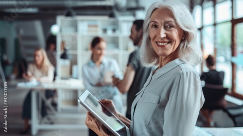 An elderly woman smiles warmly while holding a tablet in an office environment, with busy colleagues in the background fostering a lively, collaborative atmosphere.