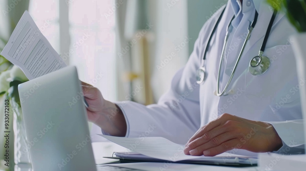 A doctor in a white coat reviews patient documents on a desk, with a stethoscope around the neck, emphasizing medical professionalism and care. A doctor in a white coat reviews patient documents on a desk, with a stethoscope around the neck, emphasizing medical professionalism and care.
