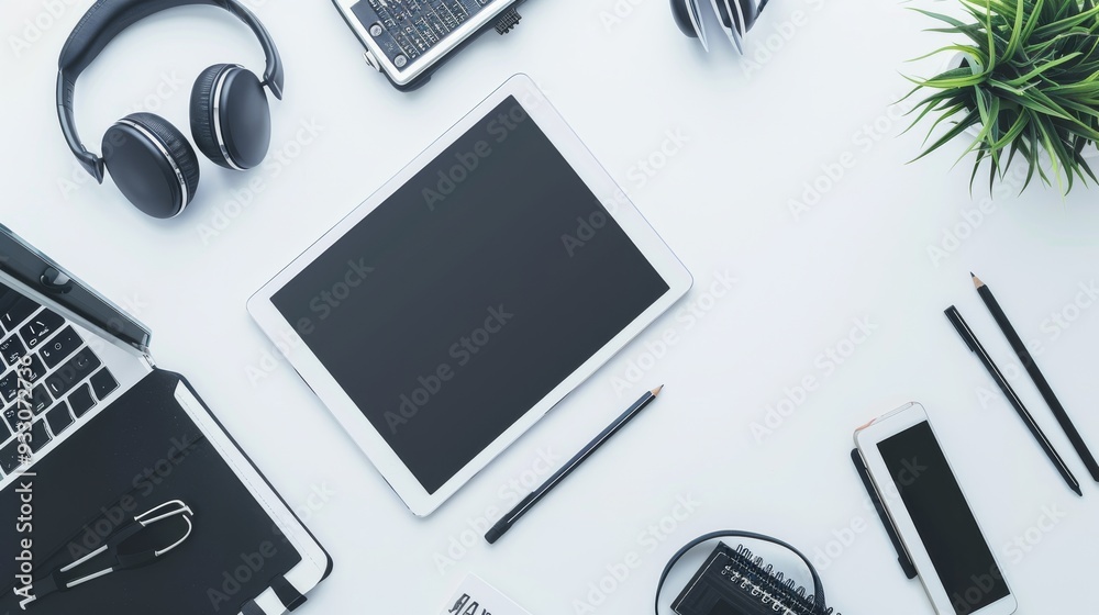 A minimalist office desk setup featuring a tablet, laptop, headphones, a notepad, pens, and a decorative plant arranged neatly. A minimalist office desk setup featuring a tablet, laptop, headphones, a notepad, pens, and a decorative plant arranged neatly.