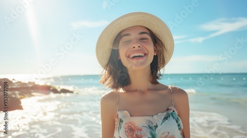 Wallpaper Mural Smiling young woman in a sun hat enjoying a sunny day at the beach, with the ocean waves and clear blue sky in the background. Torontodigital.ca