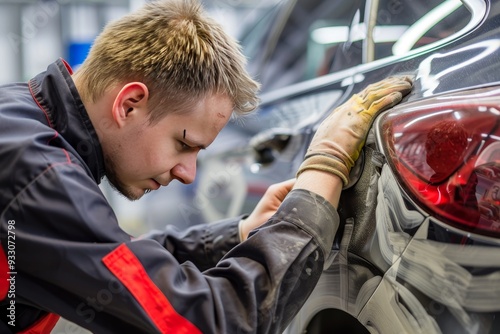 Specialized concept car body repair  expertly restoring dented fenders to achieve a flawless finish photo