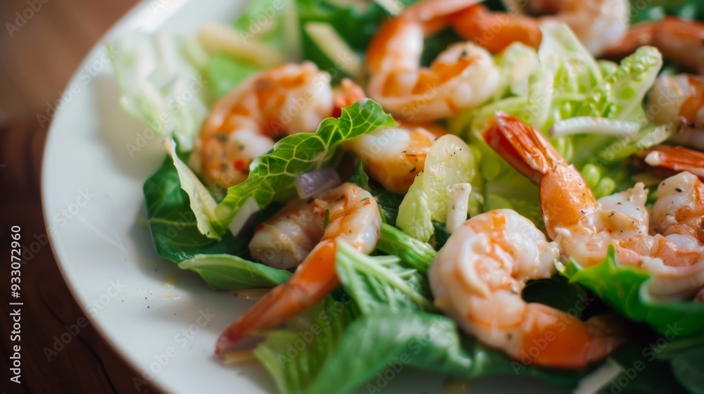 A fresh salad with juicy shrimp, crisp greens, and a sprinkle of herbs beautifully arranged on a white plate. A fresh salad with juicy shrimp, crisp greens, and a sprinkle of herbs beautifully arranged on a white plate.
