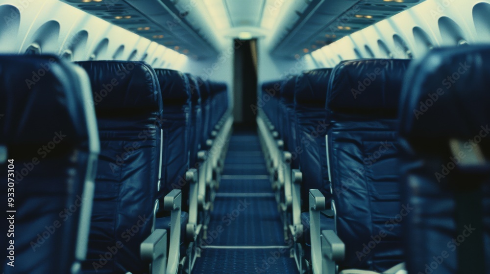 The interior of an empty, dimly-lit airplane cabin is captured with rows of seats extending into the distance. The interior of an empty, dimly-lit airplane cabin is captured with rows of seats extending into the distance.
