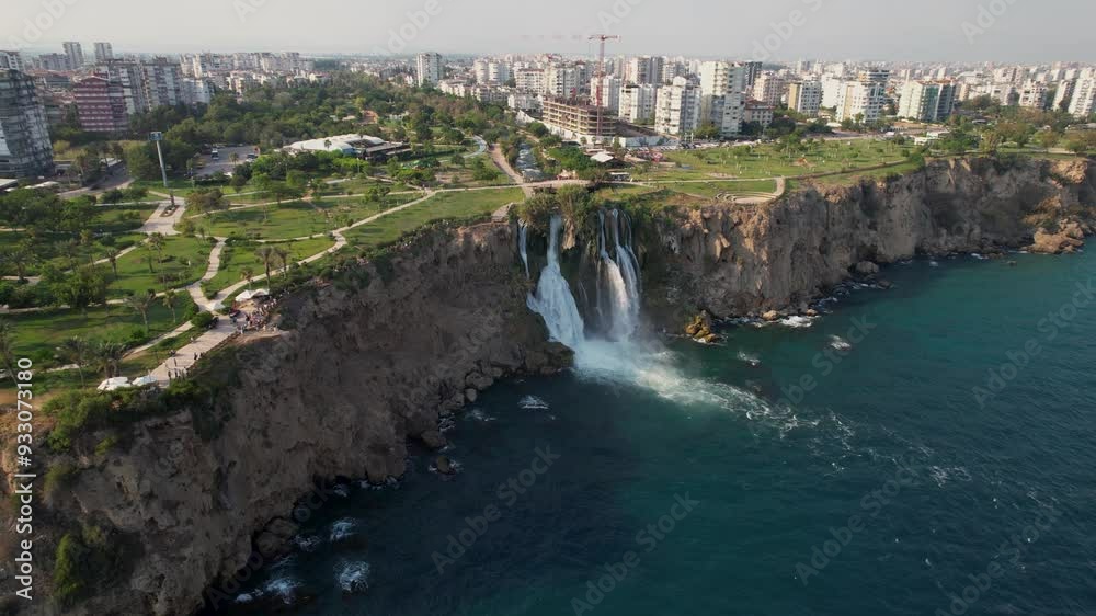 4k Aerial shot of Duden Waterfall in Antalya Turkiye, with beautiful Turquoise Colors of Water