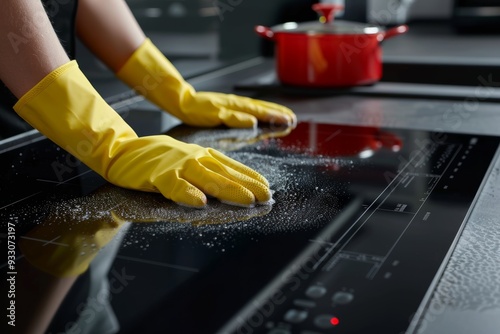 Housewife cleaning electric cooker with rubber gloves on shiny black kitchen surface