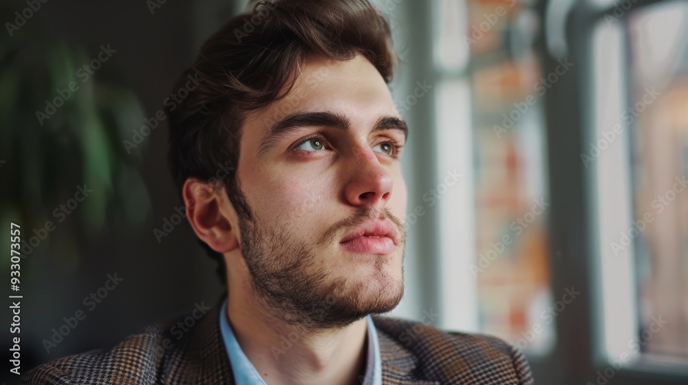 A thoughtful young man gazes out a window with a pensive expression, hinting at deep contemplation or daydreaming, with ambient natural light. A thoughtful young man gazes out a window with a pensive expression, hinting at deep contemplation or daydreaming, with ambient natural light.