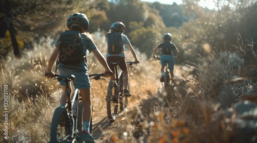 Three cyclists navigate a sunlit trail through a dense forest, their helmets shining under the soft golden light of late afternoon.