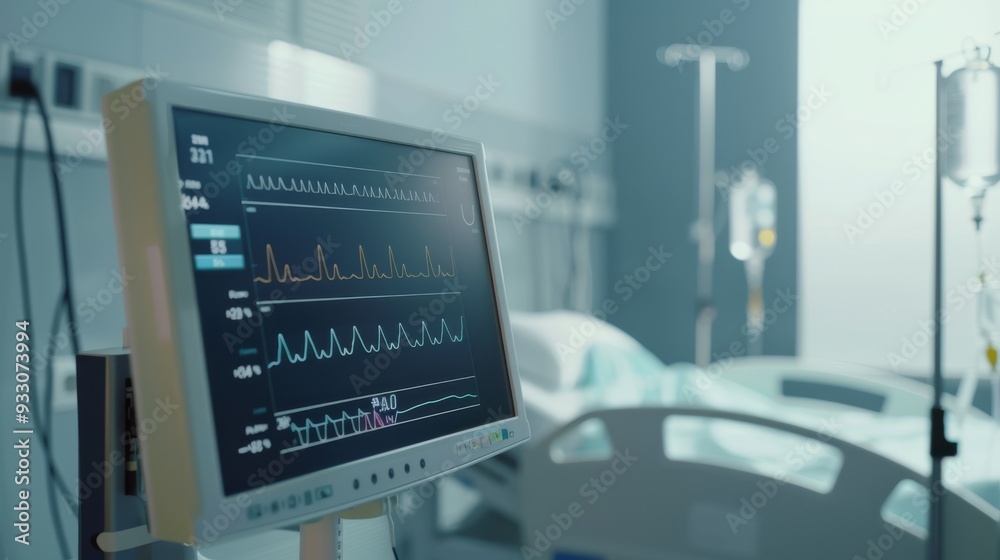 A hospital bed and a monitor displaying vital signs in a dimly lit medical room, highlighting patient care and monitoring. A hospital bed and a monitor displaying vital signs in a dimly lit medical room, highlighting patient care and monitoring.