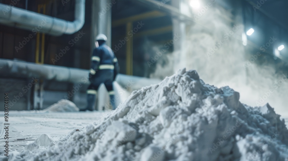 Fototapeta premium A figure in protective gear stands in a dusty industrial environment with mounds of powder on the ground, highlighting a rugged work scene.