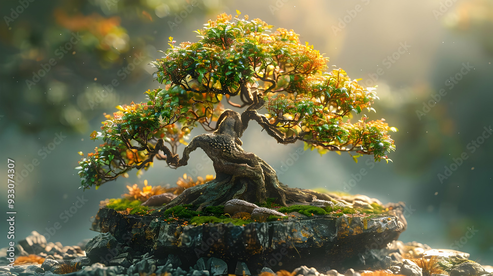 Fototapeta premium Bonsai Tree on a Rocky Outcrop, 3D Illustration