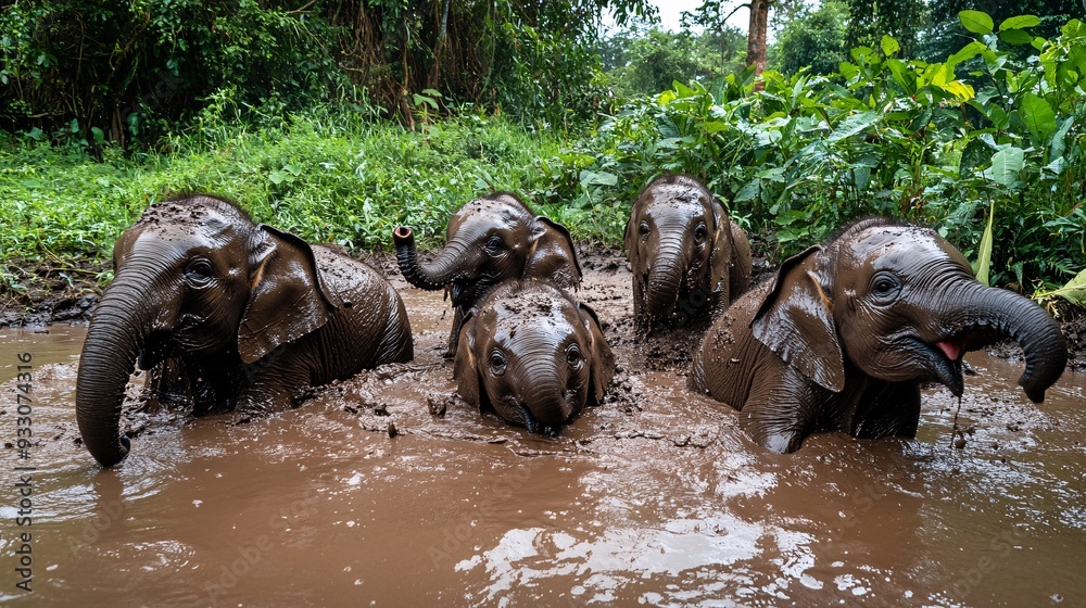 Group of rescued elephants playing in a mud pool, surrounded by lush ...