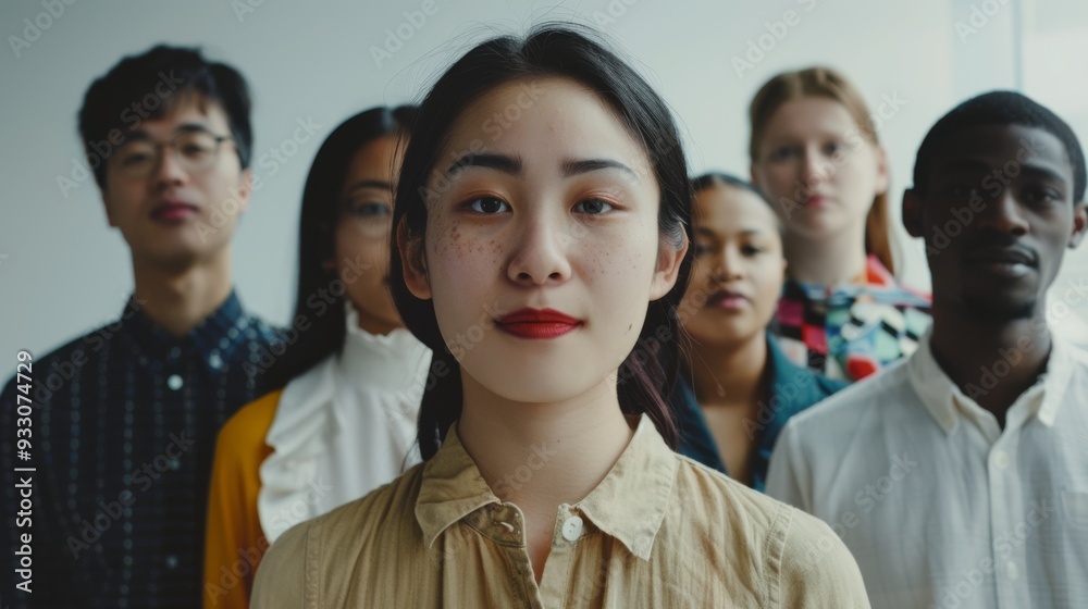 A diverse group of young adults stands together, facing the camera with a serious expression in a well-lit room. A diverse group of young adults stands together, facing the camera with a serious expression in a well-lit room.