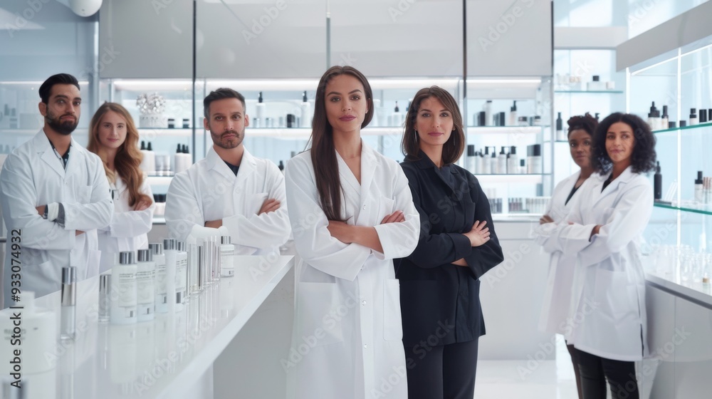 Fototapeta premium Group of diverse, confident scientists in lab coats, standing proudly in a bright, modern laboratory, emphasizing teamwork and scientific innovation.