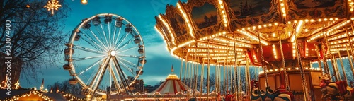 Festive fairground with merrygorounds and ferris wheels, illuminated by Christmas lights