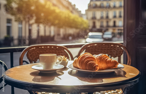 Frühstück mit Kaffee und Croissant an einem sonnigen Morgen in Paris, Generative AI