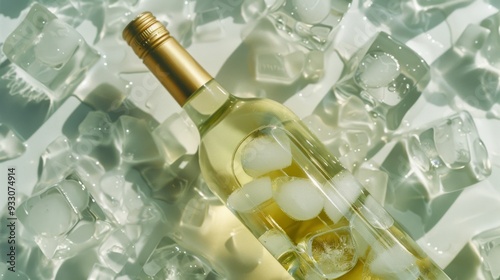 A chilled white wine bottle, elegantly nestled on a bed of ice cubes, evokes a sense of sophistication and cool refreshment.