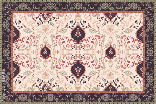 Vintage Arabic pattern. Persian colored carpet. Rich ornament for fabric design, handmade, interior decoration, textiles. Blue and beige background.