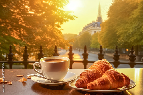 Frühstück mit Kaffee und Croissant an einem sonnigen Morgen in Paris, Generative AI