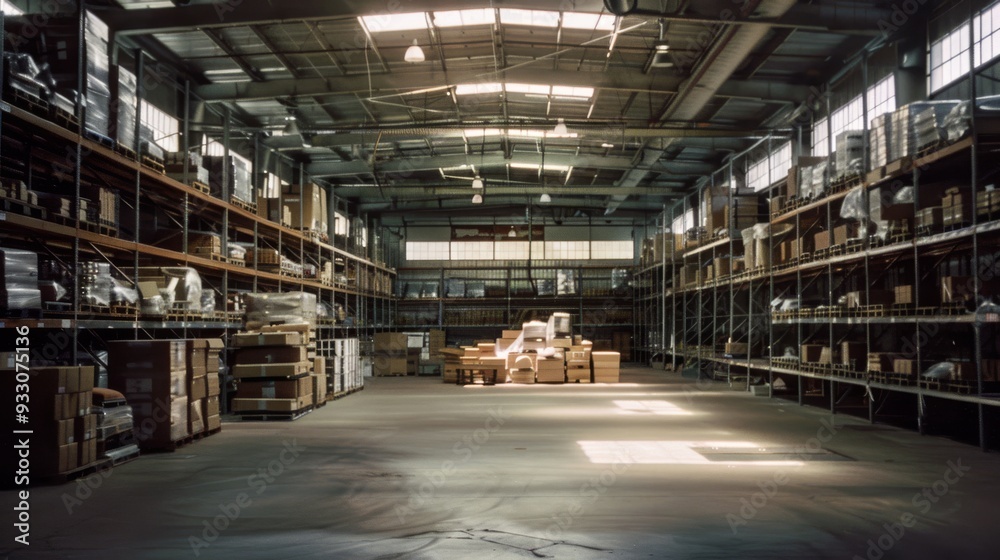 A large warehouse filled with stacked boxes and various materials neatly organized on high shelves, with natural light illuminating the spacious interior. A large warehouse filled with stacked boxes and various materials neatly organized on high shelves, with natural light illuminating the spacious interior.