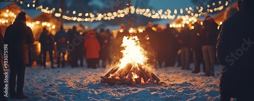 People gathered around a bonfire at a Christmas festival, warming up and socializing