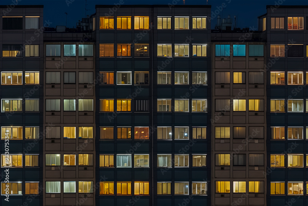 Beleuchtete Fenster in einem Wohnblock, Häuserblock bei Nacht, Generative AI Beleuchtete Fenster in einem Wohnblock, Häuserblock bei Nacht, Generative AI