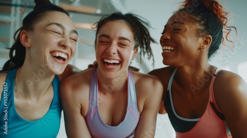 Three women in sports gear laugh together, exemplifying friendship, happiness, and a shared commitment to fitness and well-being.