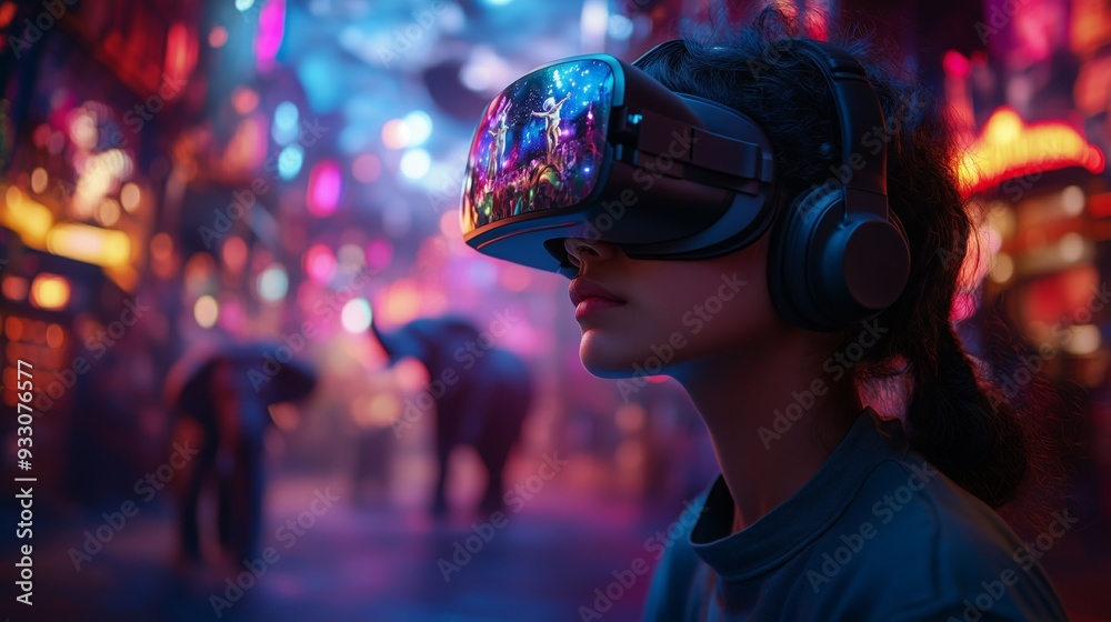 A person in virtual reality glasses engages in an exciting digital adventure surrounded by glowing neon lights. A person in virtual reality glasses engages in an exciting digital adventure surrounded by glowing neon lights.
