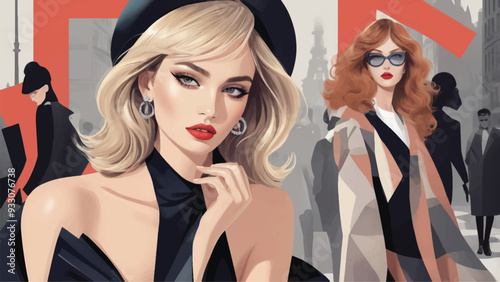 a flat design illustration of a fictional fashion magazine cover featuring a Paris Fashion Week theme