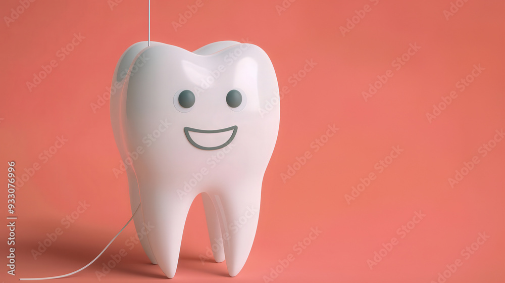 Cheerful cartoon tooth character with a bright smile, holding dental floss, set against a soft pastel coral backdrop, encouraging good dental hygiene habits. Cheerful cartoon tooth character with a bright smile, holding dental floss, set against a soft pastel coral backdrop, encouraging good dental hygiene habits.