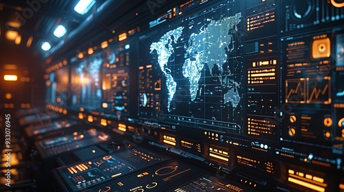 High-tech security operation center with multiple screens, cybersecurity, bathed in neon lights